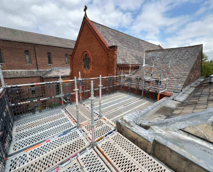 Scaffoldingfor roofing and refurbishment at Presentation Convent in Manchester